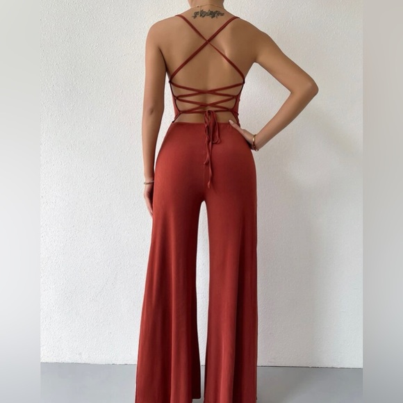 SHEIN Lace Up Tied Backless Wide Leg Jumpsuit - Picture 3 of 5